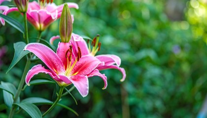Fototapeta premium Pink lilies in garden setting