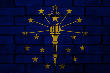 Indiana state flag art displayed on a rustic brick wall