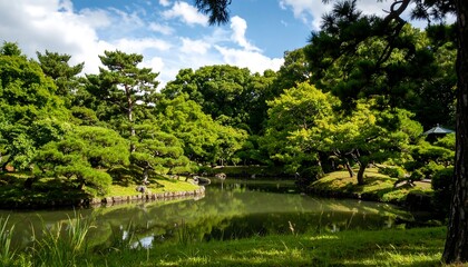 Obraz premium Lush garden pond scene
