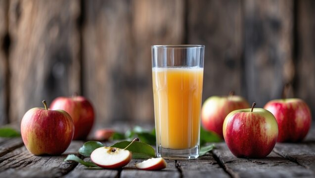 Close-up of a glass filled with apple juice alongside vibrant red apples on textured wood, with a shallow depth of field