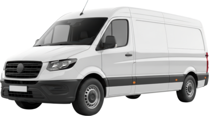 White Panel Van With Black Grille Tinted Windows And Grey Wheel Rims On A Transparent Background Isolate White Van