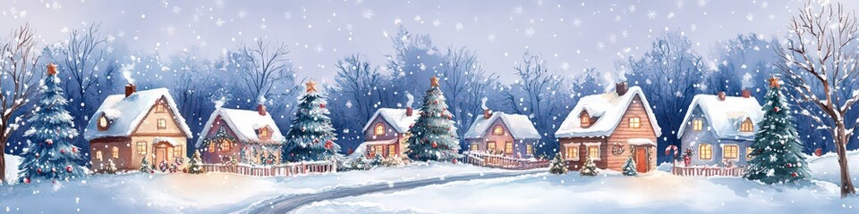 Fototapeta premium Christmas illustration in watercolor style of a charming cute village in the snow