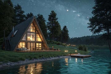Fototapeta premium Cozy Lakeside A-Frame Cabin Under a Starry Night Sky
