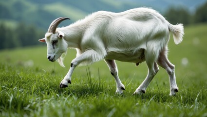 Obraz premium Goat roaming on vibrant grassy terrain