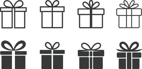 Gift box icons set, present package design, celebration symbol illustration, birthday surprise, holiday decoration, Christmas gift, flat vector illustration icons