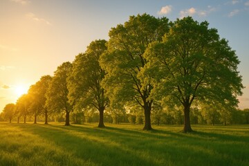 Fototapeta premium A row of trees illuminated by warm sunlight