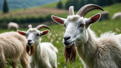 Obraz premium Mountain goat resting on a lush meadow