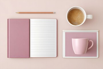 Stylish workspace arrangement featuring a pink notebook, a cup of coffee, a pink mug, and a pencil on a soft pastel background, creating a cozy and inviting atmosphere for creativity