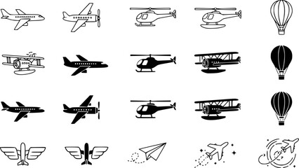 Airplane Icon Collection: Outline and Solid Styles, A set of 12 airplane icons in outline, solid, and decorative styles, ideal for travel, aviation, transportation, and logistics design project
