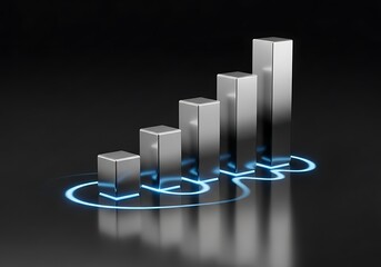 Metallic bar chart showing upward growth and progress with glowing blue lines on a dark background, symbolizing financial success and business development