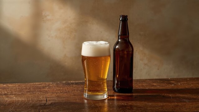 Rustic wooden table featuring a foamy beer glass and bottle, minimalist theme - Powered by Adobe