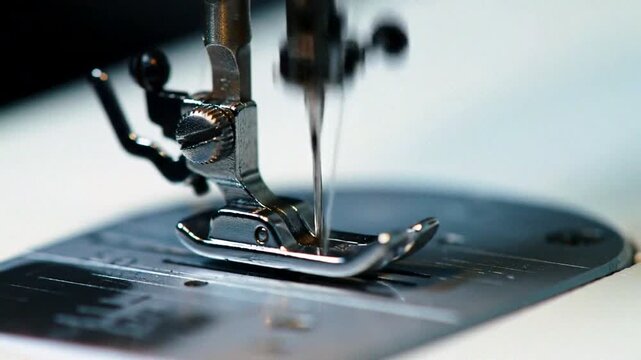 Close-up view of a sewing machine needle stitching through fabric, showcasing precision and craftsmanship in action.