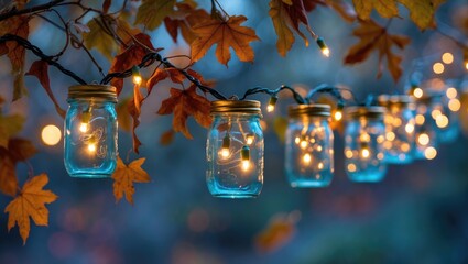 Festive fall display with glowing jars suspended among leaves