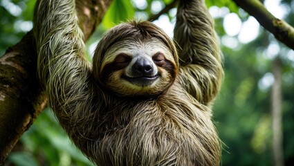 Lazy sloth dozing while hanging from a tree
