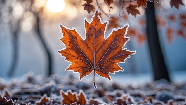 Frozen dew on a dried maple foliage