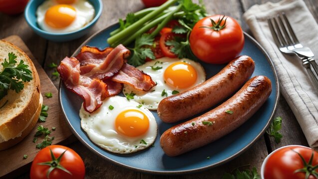 German-style breakfast with assorted sausages, bacon, eggs, and vegetable sides