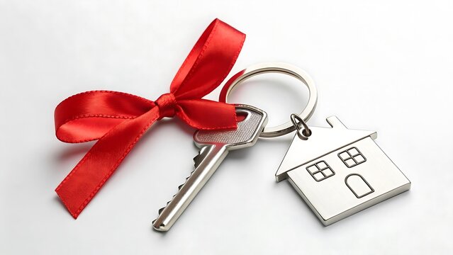 Silver house key with red ribbon and house-shaped keychain 
