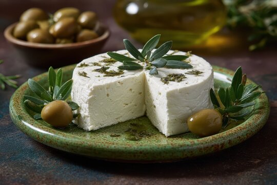 Wei&szlig;er Hintergrund Runder 200g Wei&szlig;er Beyaz Peynir mit Thymian und Oliven - Turkish Feta Cheese and Mediterranean Food.