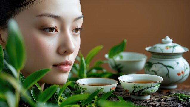 Elegant tea ware with fresh green tea and tea leaves displayed on a textured brown background, focused detail.