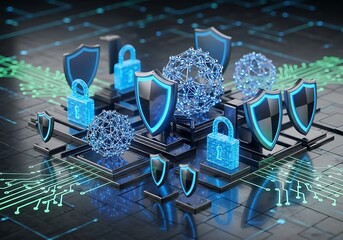 Digital cybersecurity concept with glowing blue shields, locks, and interconnected spheres representing global network security and data protection