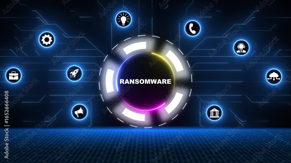Poster conceptual visualization of ransomware threats and cyber security measures