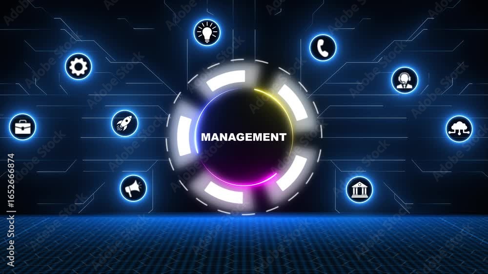 Poster digital management concepts with financial icons and tech-inspired graphics