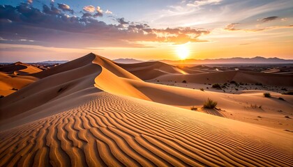 Breathtaking golden hour sunset over majestic sand dunes, showcasing the warm glow and intricate patterns of the desert landscape under a vibrant sky