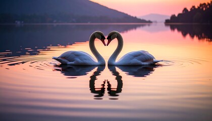 Two swans in a heart shape at sunrise over a lake