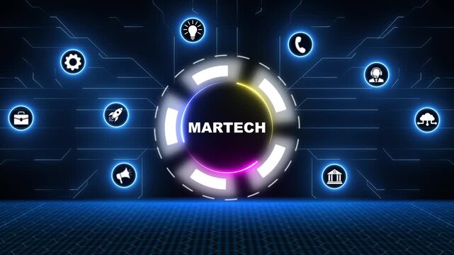 Modern martech concept with financial icons on a futuristic digital interface