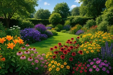 Lush garden full of colorful flowers during summer