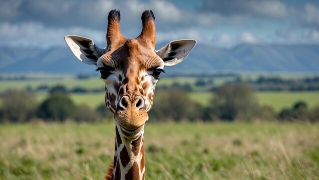 Close-up of a giraffe's face as it looks into the camera
