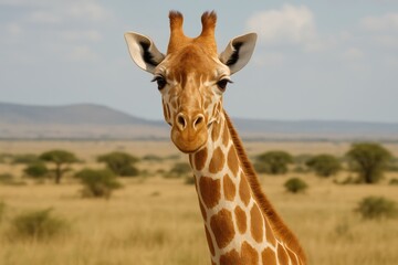 Naklejka premium Observing a Giraffe in Its Native Savannah Environment