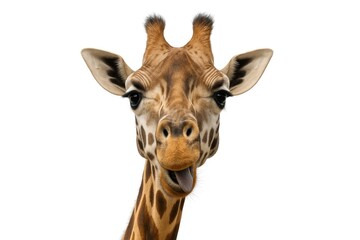 Comical Giraffe's Face Close-Up Against White Background