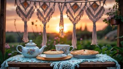 Rustic outdoor tea party scene with a cup, teapot, and pie set amid sunset lighting and macrame accents