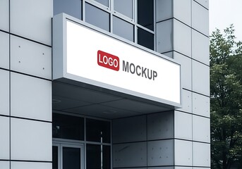 Obraz premium Modern building facade with a illuminated signage box displaying a logo mockup for corporate branding and advertising