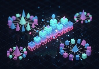 Abstract 3d isometric visualization of data analytics and business growth, representing network connections and digital information flow