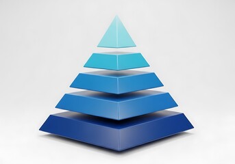 A blue pyramid structure with five levels, symbolizing hierarchy, progress, and organization, isolated on a white background