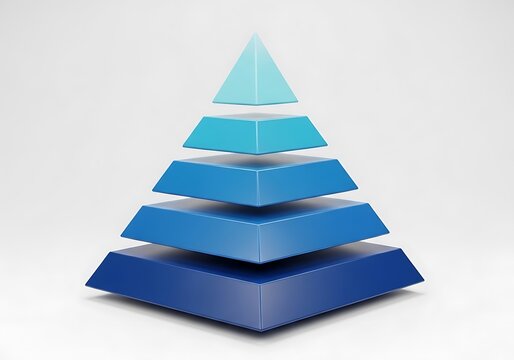 A blue pyramid structure with five levels, symbolizing hierarchy, progress, and organization, isolated on a white background