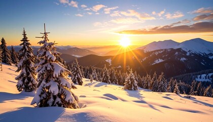 Golden sunrise illuminates snow-covered trees and mountains in a winter landscape