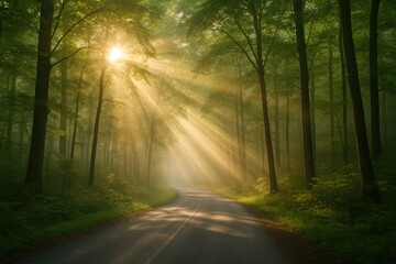 Fototapeta premium Sunlit trail through a fog-covered forest