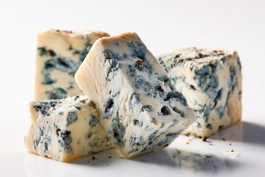 Trozos de Queso Roquefort Sobre Fondo Blanco - French Blue Cheese and Gourmet Food.