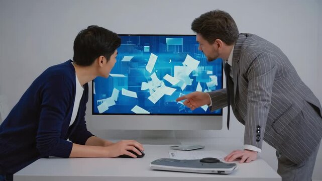 Business professionals analyze digital documents on screen together