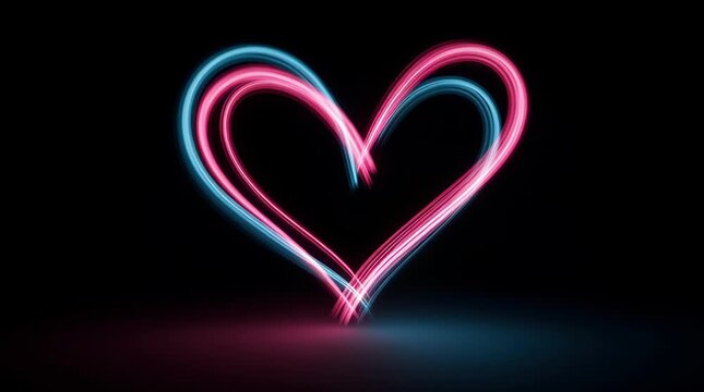 blue and pink light rays flying on black void while forming a red shape