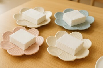 Tissue-filled flower plates arranged for a midday meal