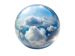 Glass sphere reflecting a blue sky with fluffy white clouds isolated on transparent background, creating a dreamy and peaceful atmosphere