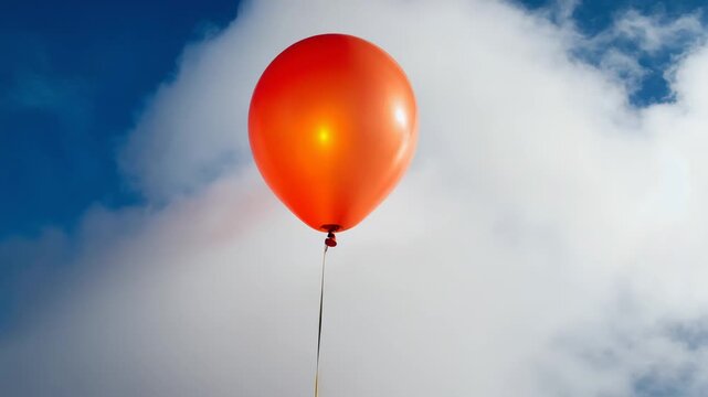 Bright orange balloon rising against a clear blue sky with clouds