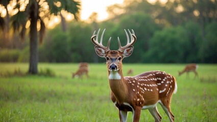 Wild deer roaming through an open pasture