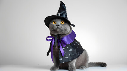 a gra gray cat in a witch costume isolated on a white background