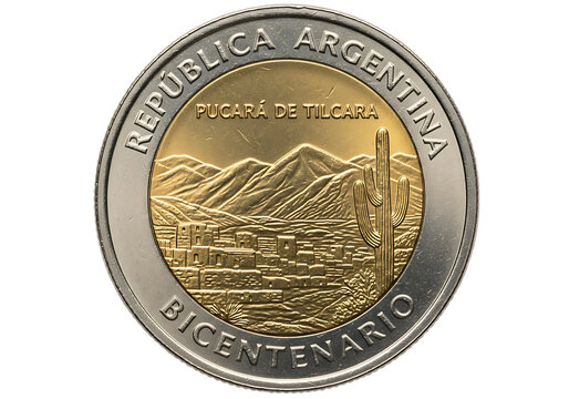 Close up of an argentine two peso coin depicting the pucara de tilcara on a transparent background
