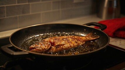 Roasted fish in a pan in a home cooking setting